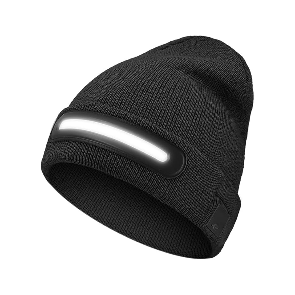 Topi beanie LED dengan lampu kepala terbina dalam dan lampu boleh dicas semula melalui USB-C