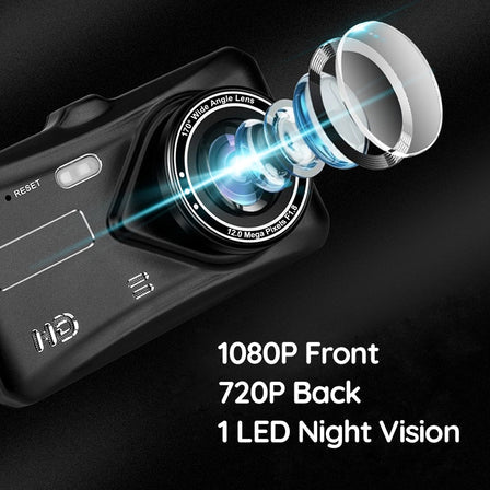Kamera Dashway Tanpa Wayar Berkembar Hadapan dan Belakang 1080p Skrin LCD 4-Inci Sudut Ultra-Lebar 170-Darjah