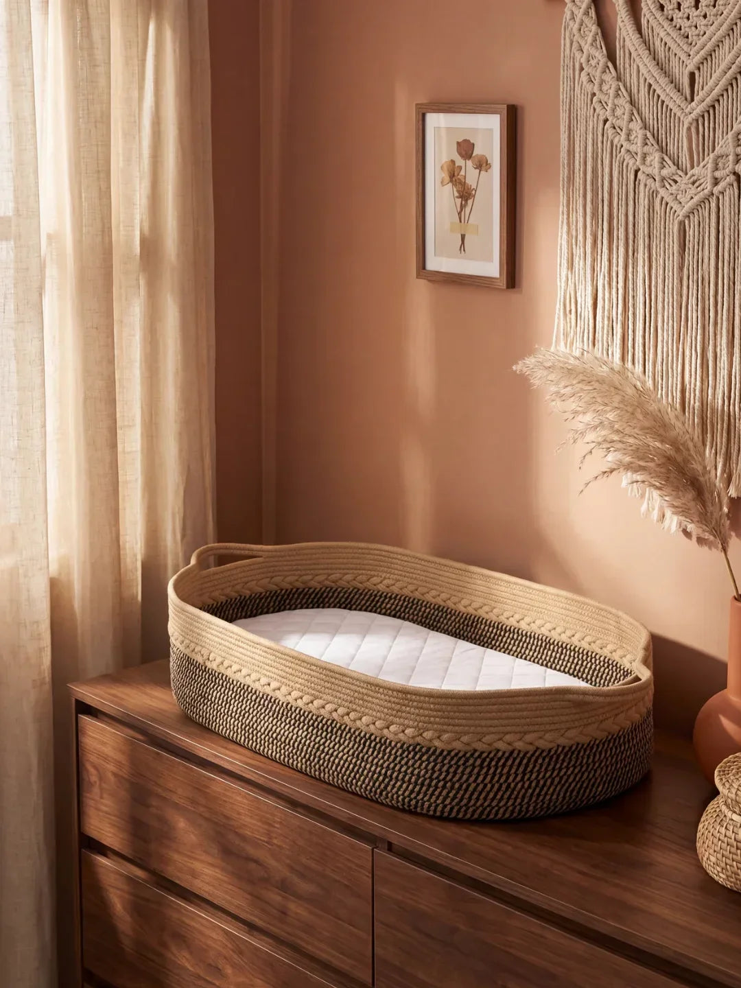 Two-Tone Cotton Rope Changing Basket With Integrated Handles