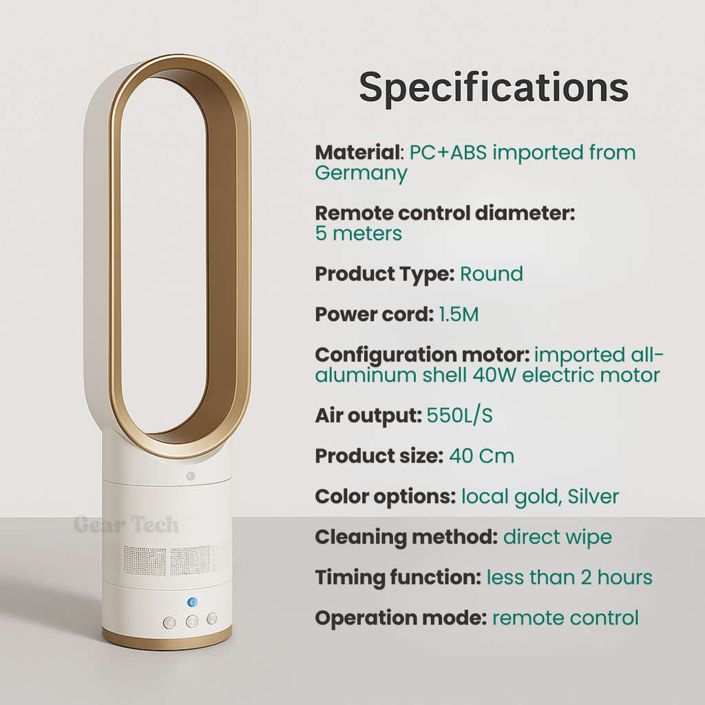 BreezeNova Kipas Tanpa Bilah 16-Inci dengan Kawalan Jauh Reka Bentuk UK