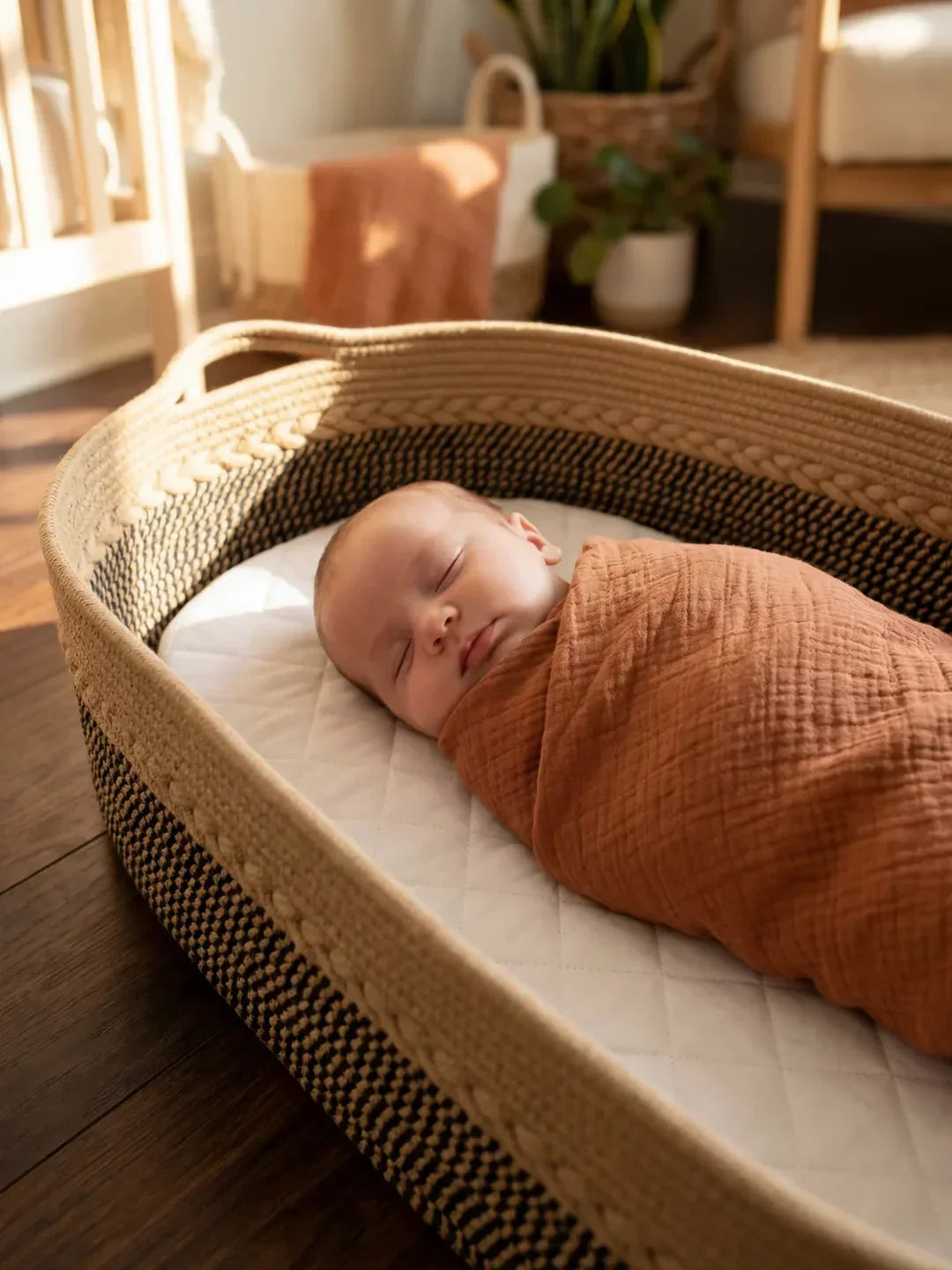 Two-Tone Cotton Rope Changing Basket With Integrated Handles