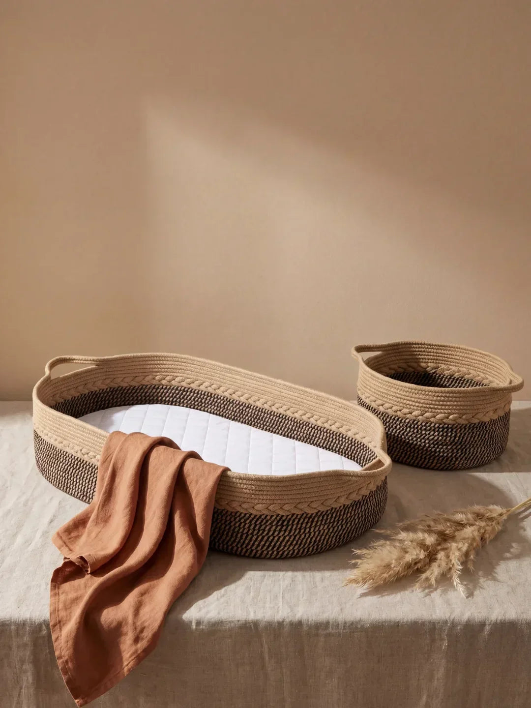 Two-Tone Cotton Rope Changing Basket With Integrated Handles