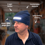 Topi beanie LED dengan lampu kepala terbina dalam dan lampu boleh dicas semula melalui USB-C