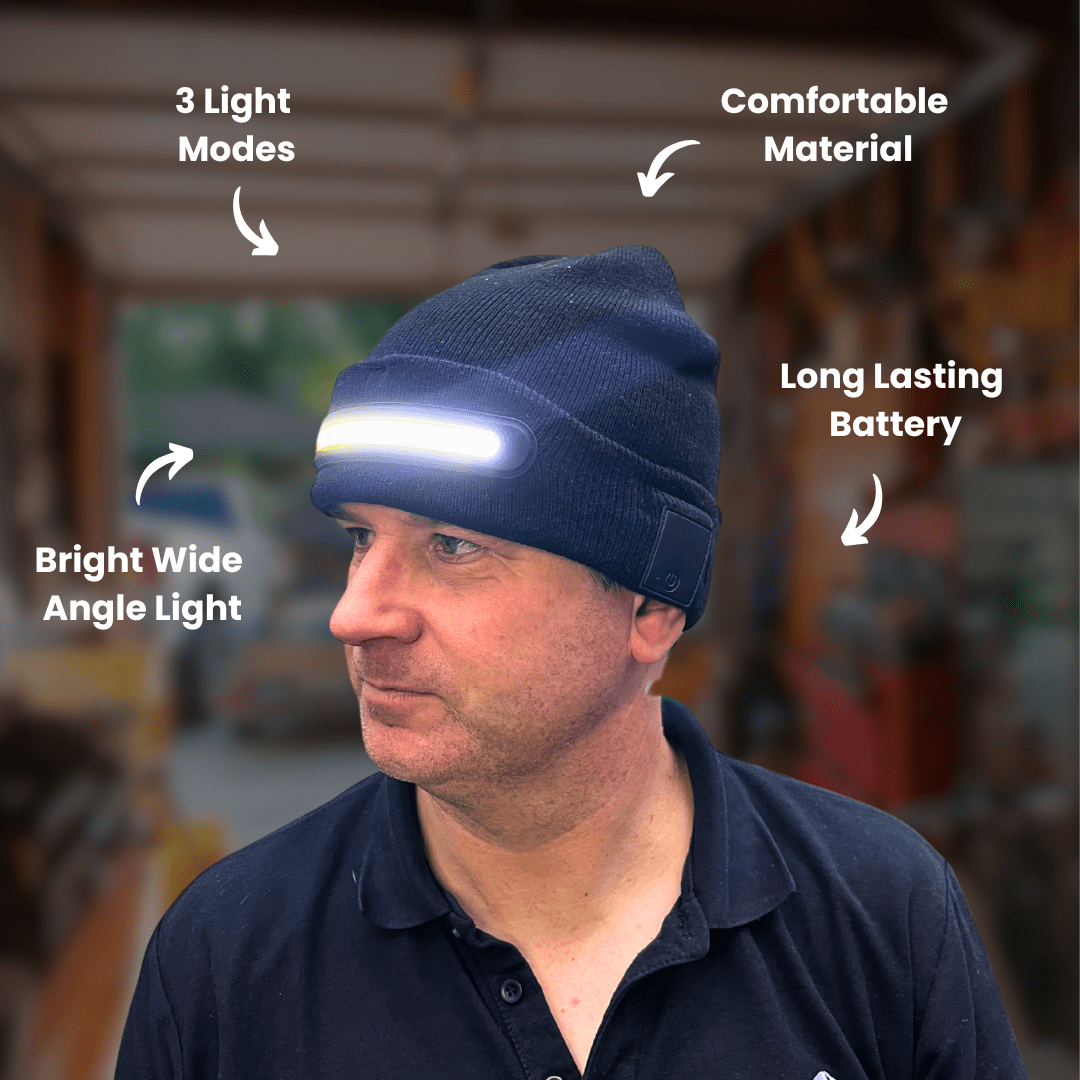 Topi beanie LED dengan lampu kepala terbina dalam dan lampu boleh dicas semula melalui USB-C