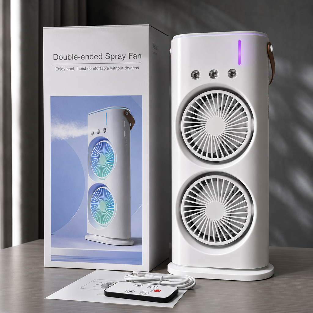 مروحة رذاذ MistBreeze برأسين قابلة لإعادة الشحن عبر USB مع جهاز تحكم عن بُعد للمكتب