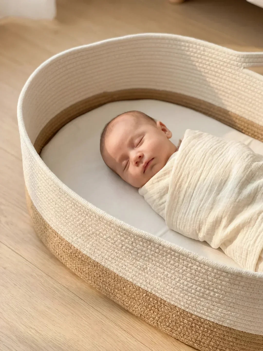 Two-Tone Cotton Rope Changing Basket With Integrated Handles