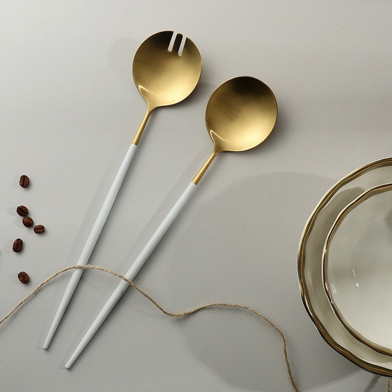 Hvide salatbestik med guldkant | Petprovac