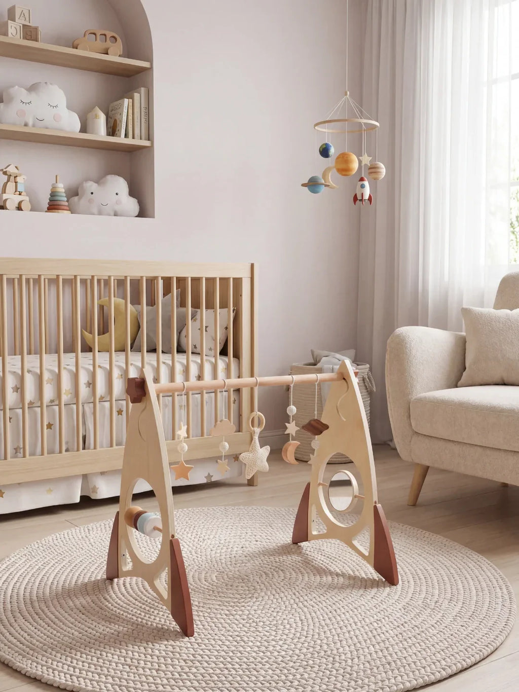 Space Rocket Wooden Play Arch – Star-Themed Sensory Toy Gym