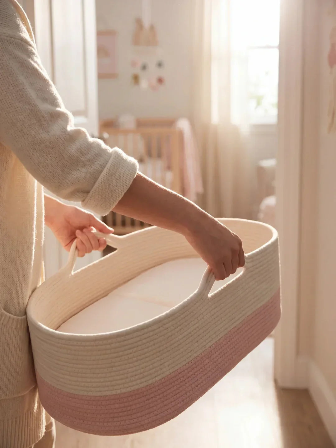 Two-Tone Cotton Rope Changing Basket With Integrated Handles