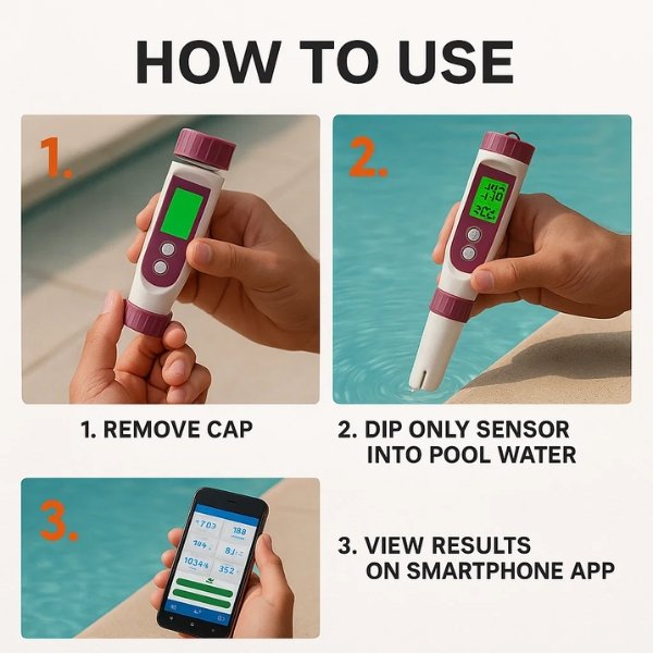 Tester digital AquaSense 7-în-1 pentru piscină, pentru pH și clor