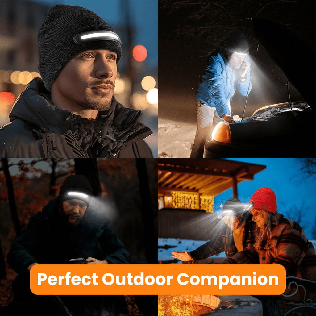 Topi beanie LED dengan lampu kepala terbina dalam dan lampu boleh dicas semula melalui USB-C
