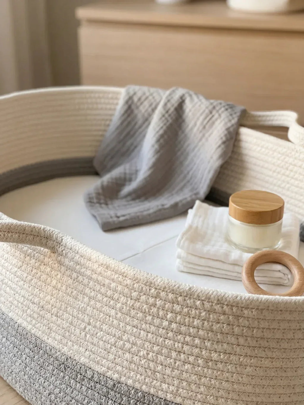 Two-Tone Cotton Rope Changing Basket With Integrated Handles