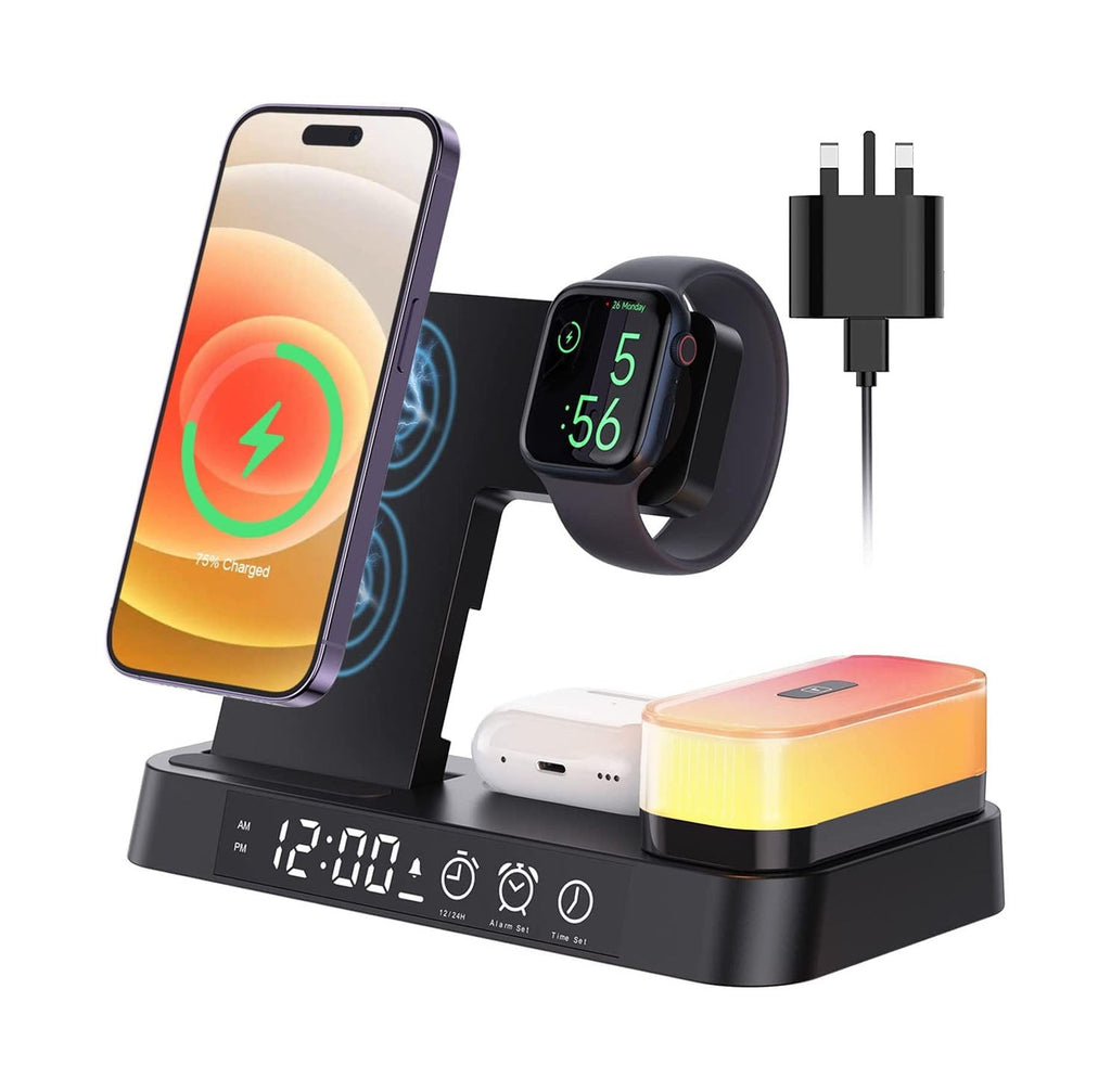 Caricatore wireless cinque in uno con lampada da comodino e sveglia