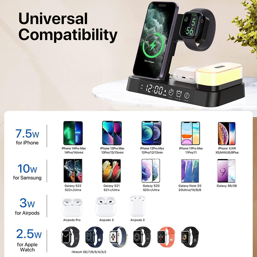 NovaCharge 5-i-1 Dock Trådløs Opladning Ur Lampe Hub