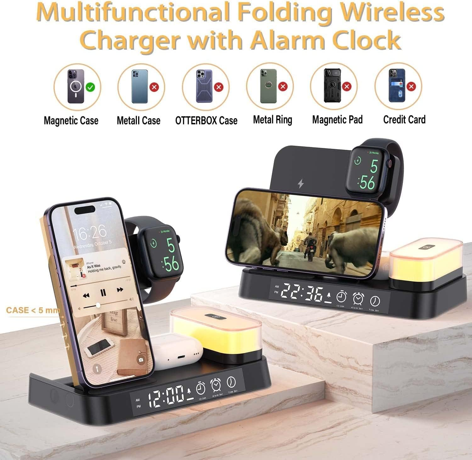 NovaCharge 5-i-1 Dock Trådløs Opladning Ur Lampe Hub