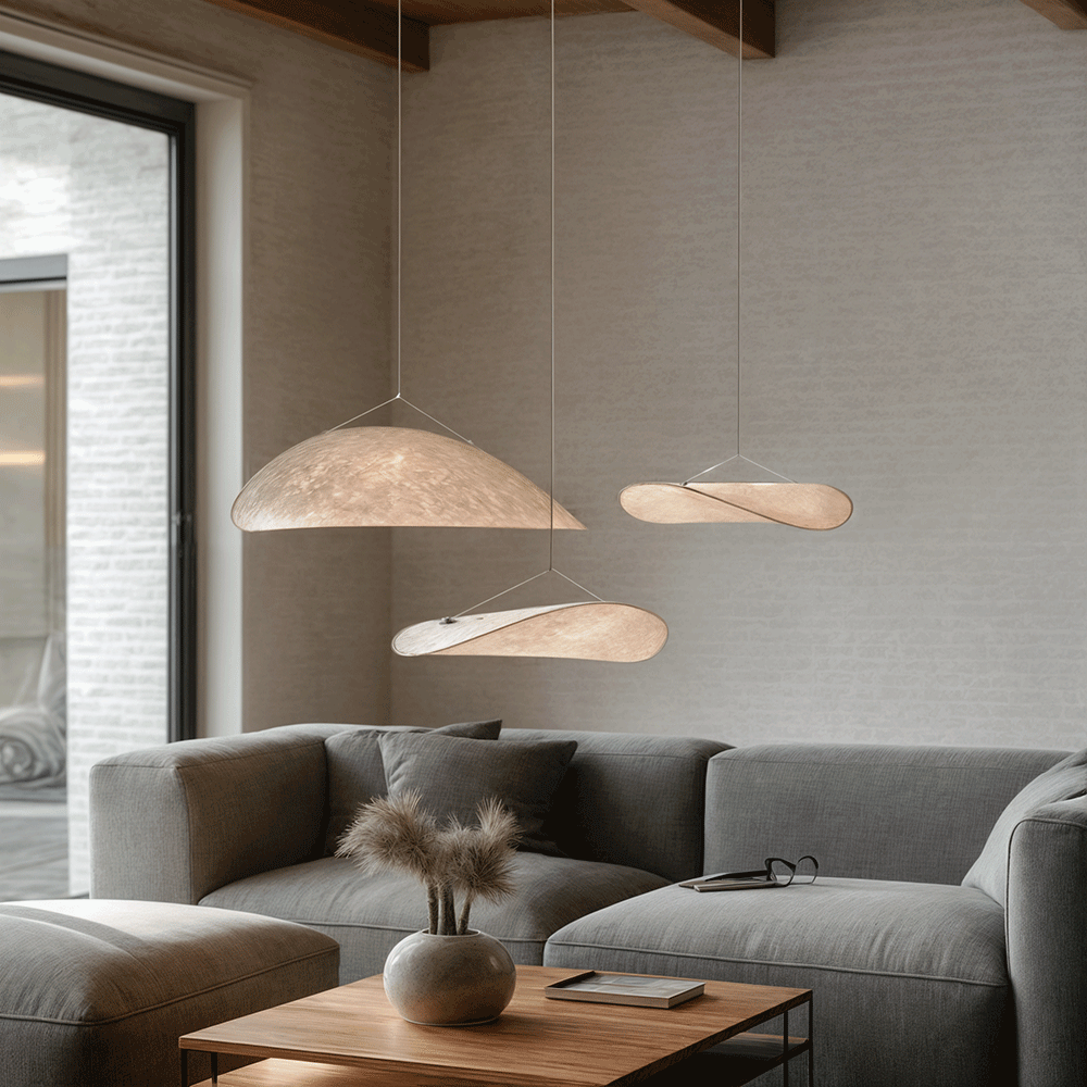 Lampadario a foglia LED in seta premium Lyra con bagliore nordico