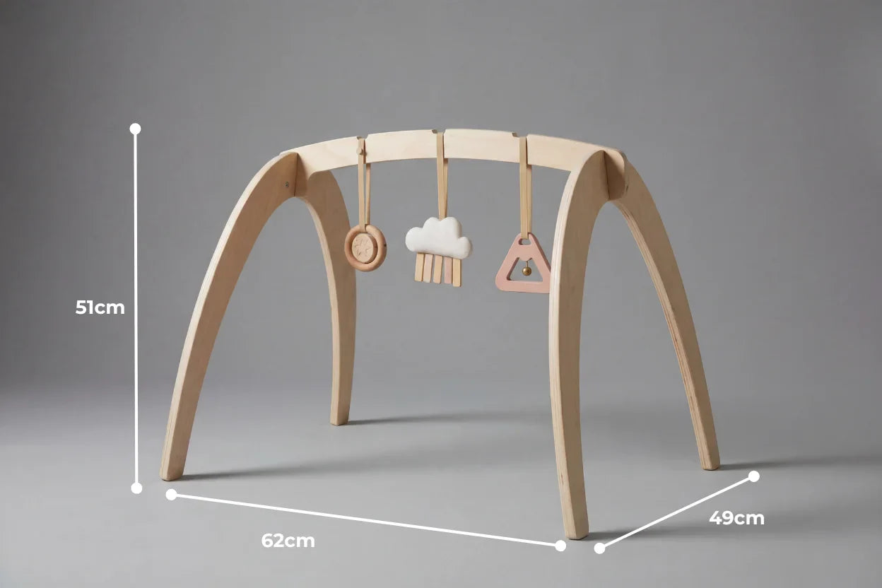 Wooden Play Arch with 3 Hanging Toys – Sensory Gym for Baby