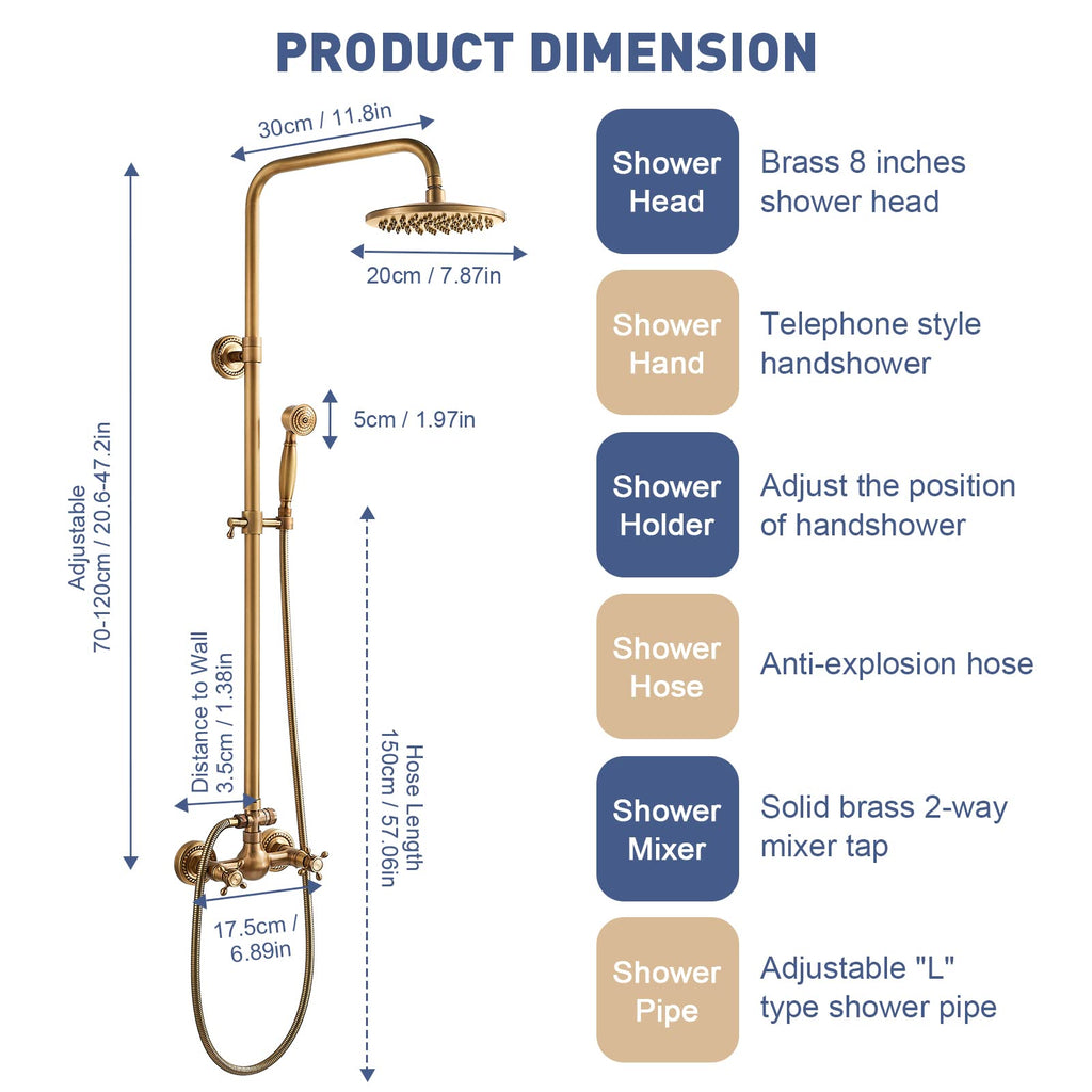 Loxley Vintage Bronze Adjustable Wall Mounted Brass Shower Kit | Petprovac
