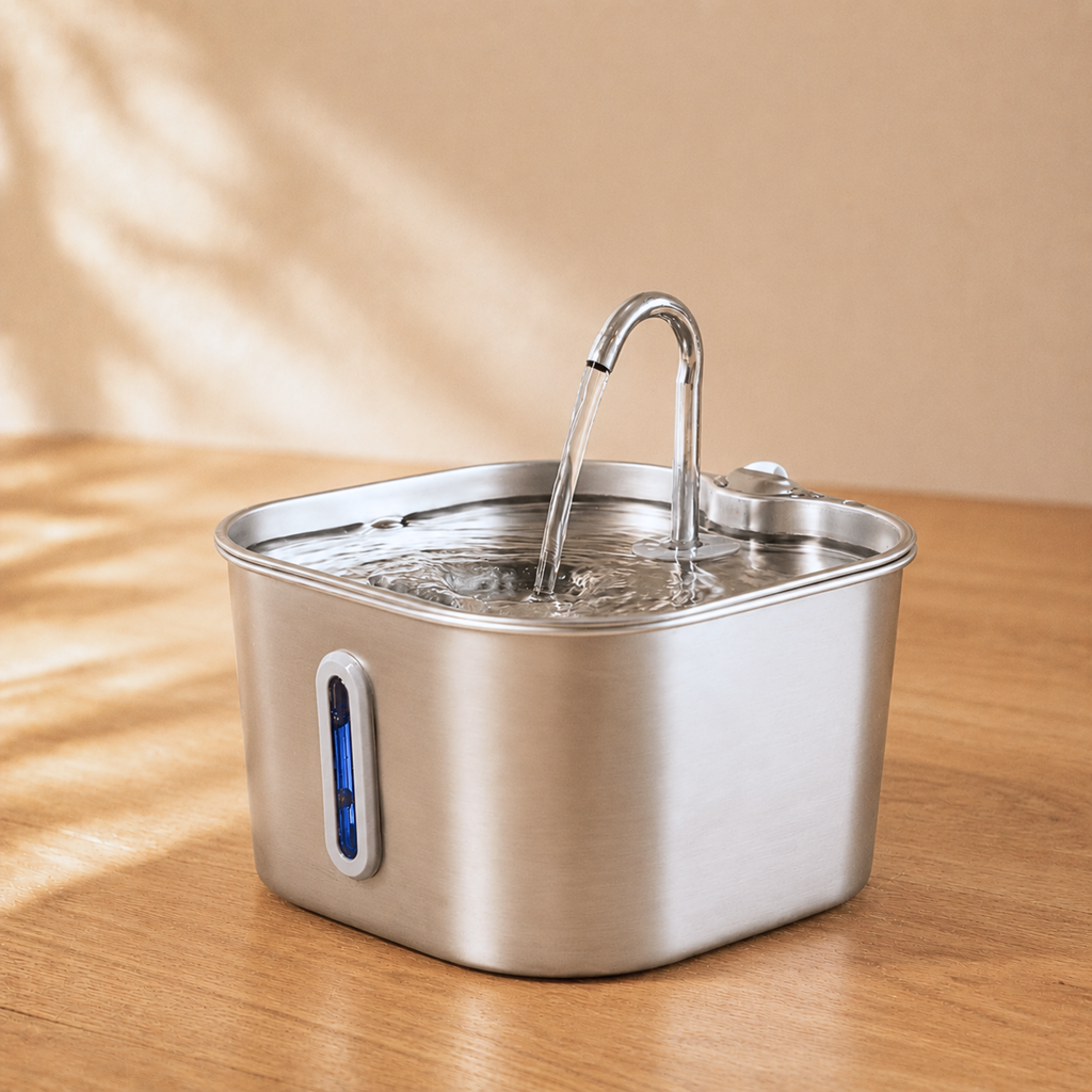 Fuente compacta para gatos de acero inoxidable con bomba silenciosa y filtro de varias etapas para hidratación diaria
