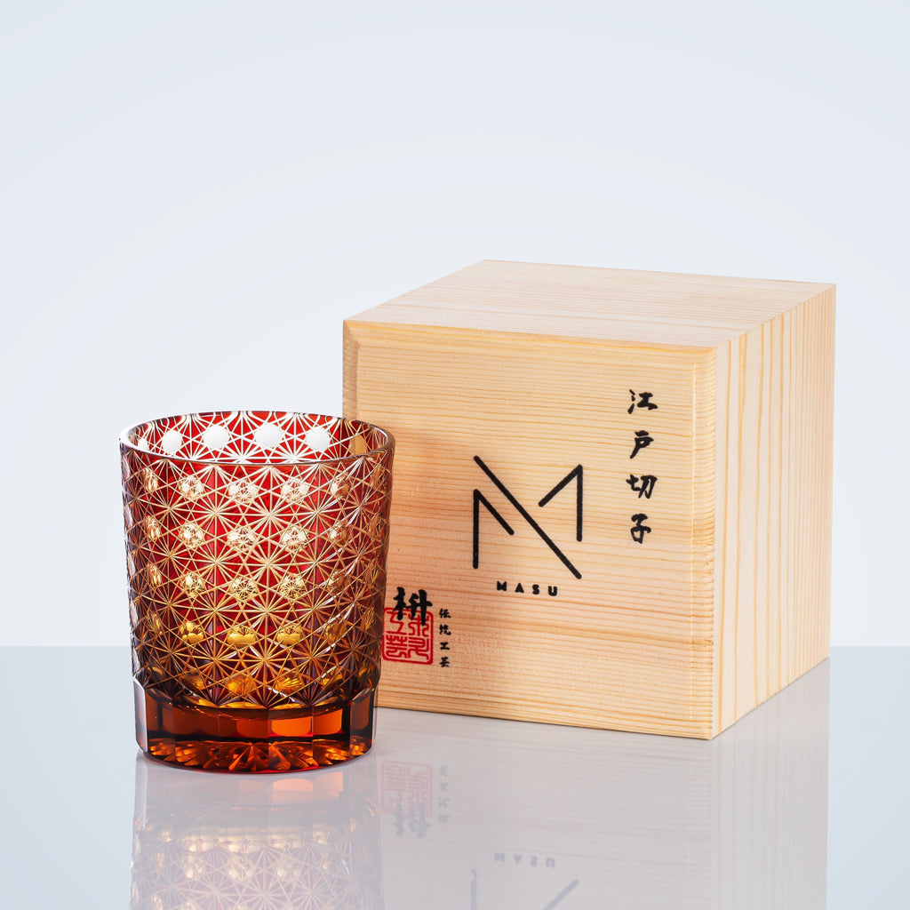Miyara | Bicchieri artigianali per whisky ambra con design a stella di crisantemo e scatola di legno | Petprovac