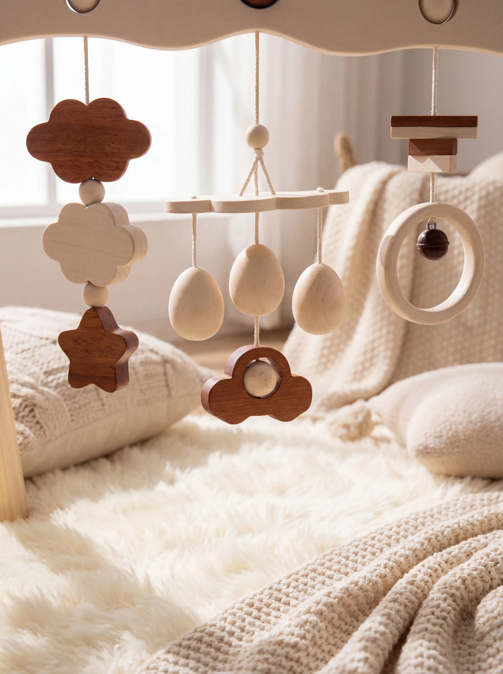 Natural Wood Baby Gym Arch For Babies 0-3 Years, Stable Frame With Suspended Toys