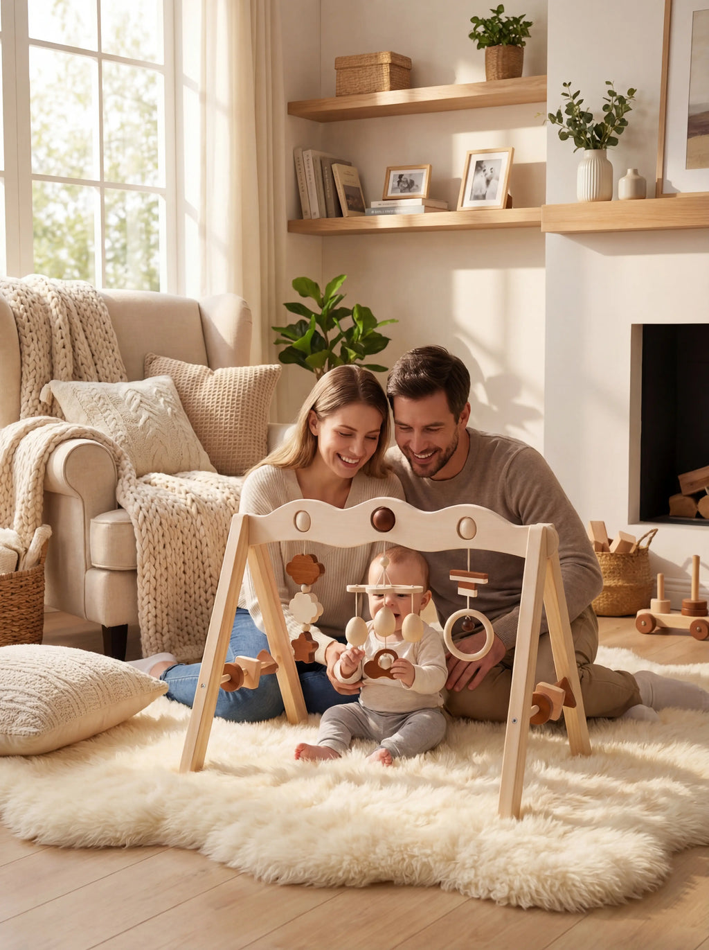 Natural Wood Baby Gym Arch For Babies 0-3 Years, Stable Frame With Suspended Toys