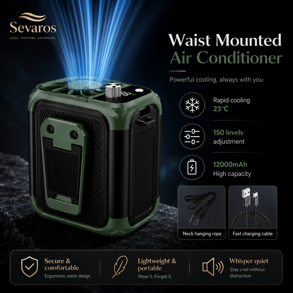 HeatShield lapát nélküli derék- és nyakventilátor USB újratölthető, övcsipeszes, hordható, power bank LED világítással