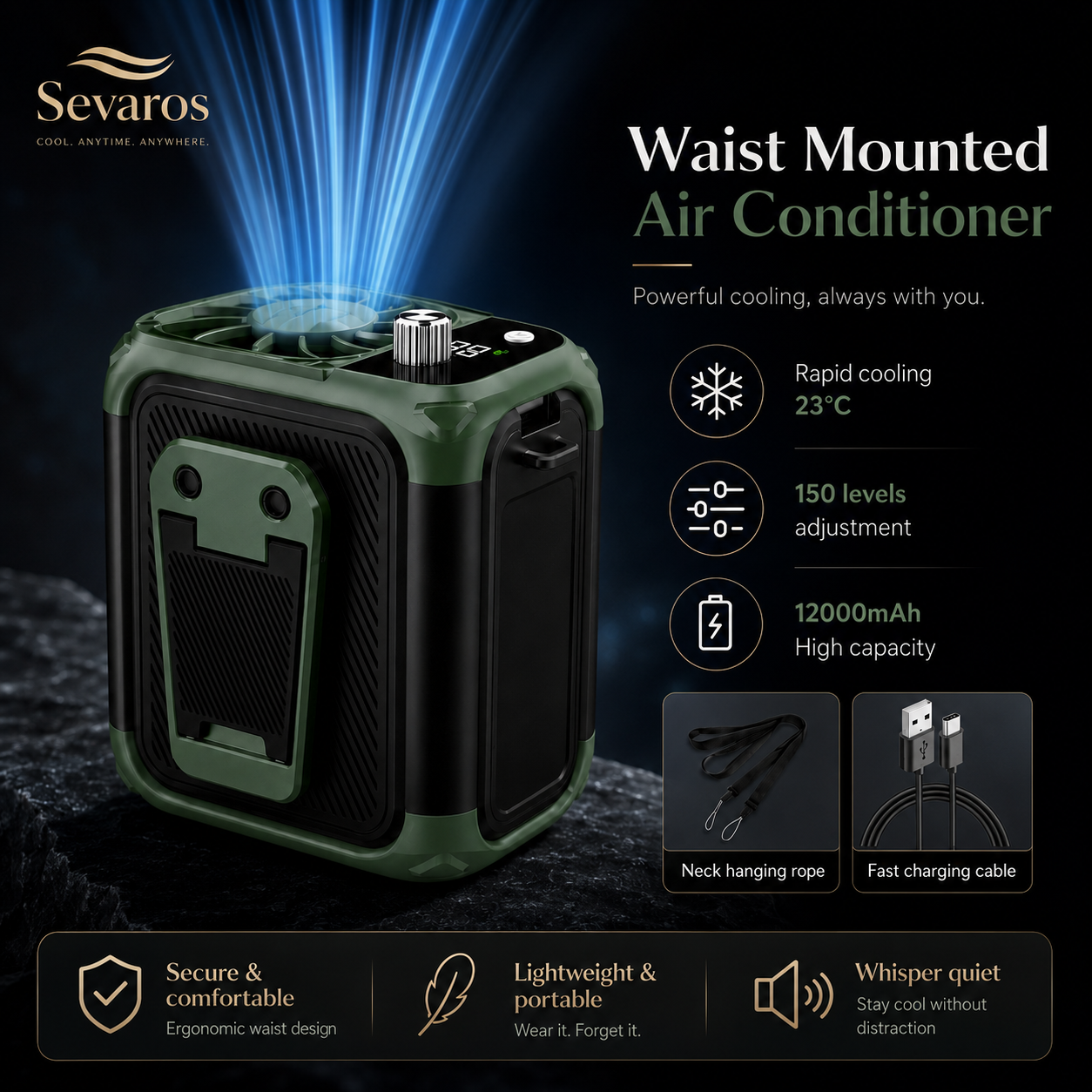 HeatShield lapát nélküli derék- és nyakventilátor USB újratölthető, övcsipeszes, hordható, power bank LED világítással