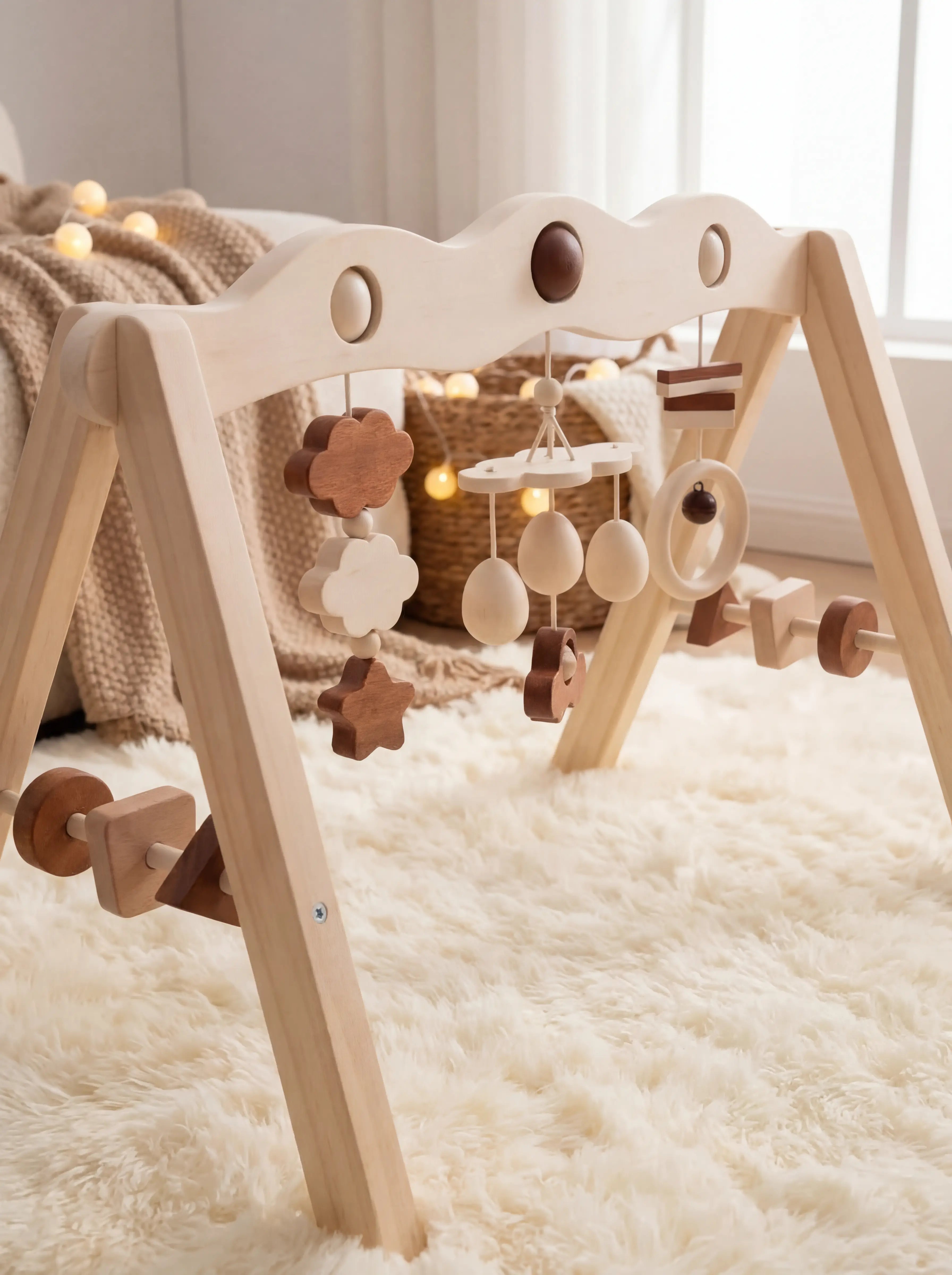 Natural Wood Baby Gym Arch For Babies 0-3 Years, Stable Frame With Suspended Toys