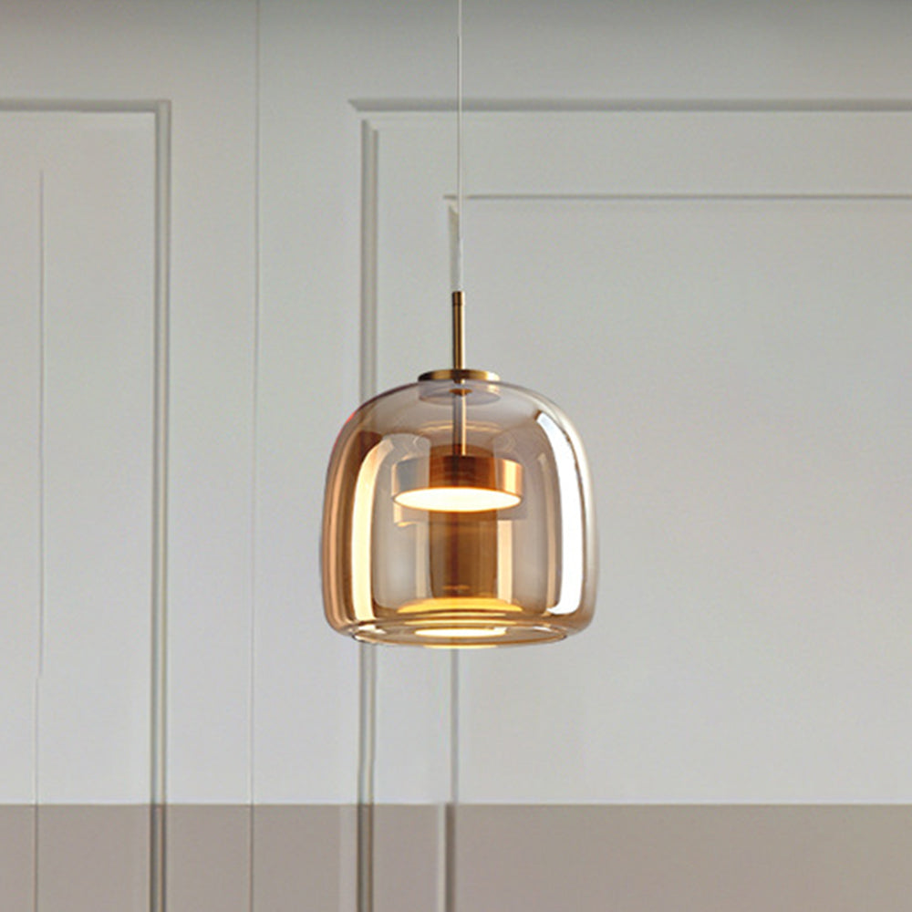 Solara Retro LED Pendant Light in Gold Metal Amber Glass
