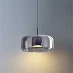 Solara Retro LED Pendelleuchte in goldfarbenem Metall und bernsteinfarbenem Glas
