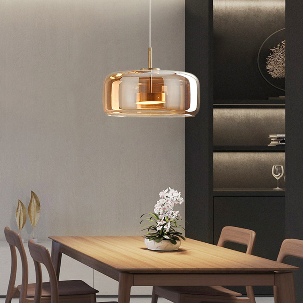 Solara Retro LED Pendant Light in Gold Metal Amber Glass