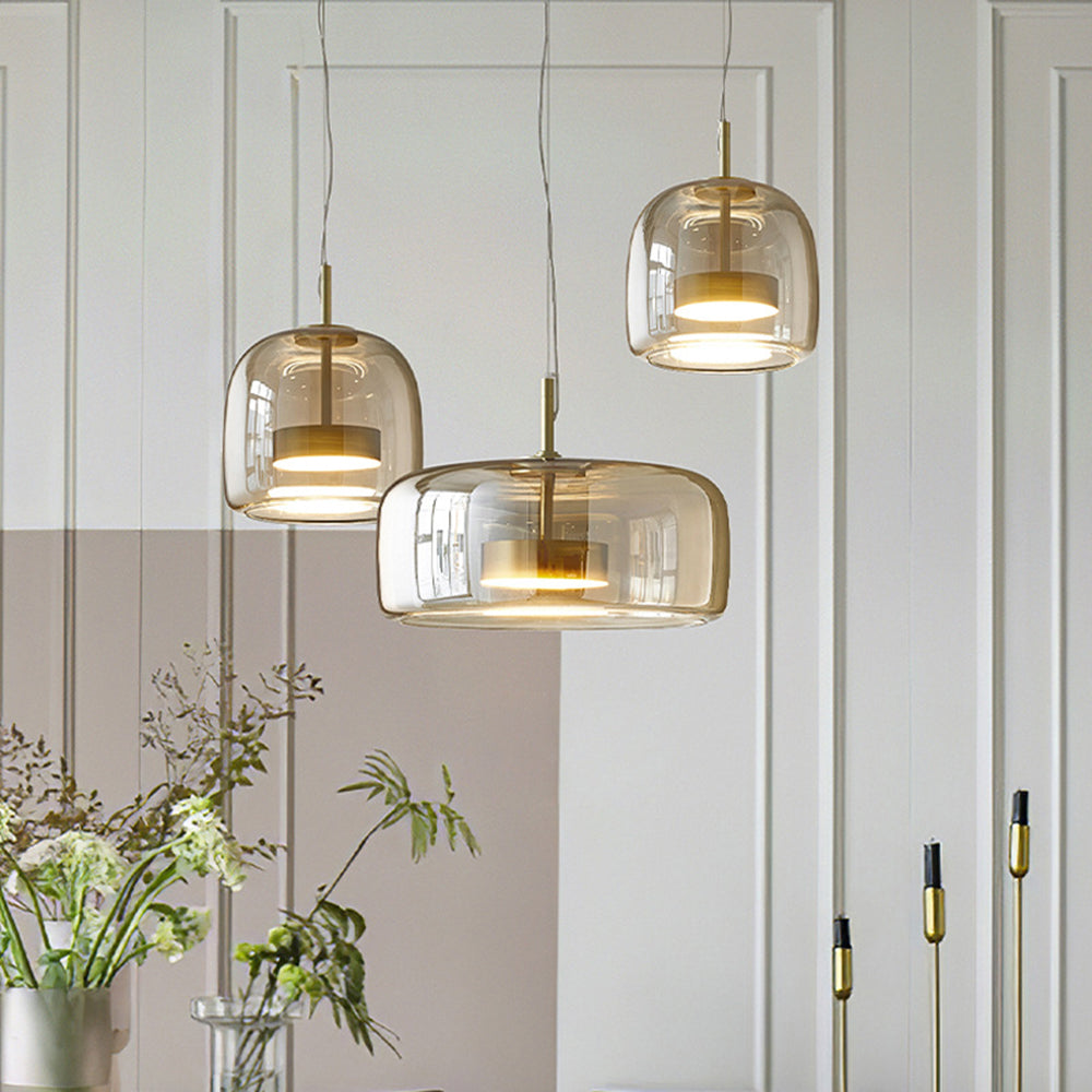 Solara Retro LED Pendant Light in Gold Metal Amber Glass