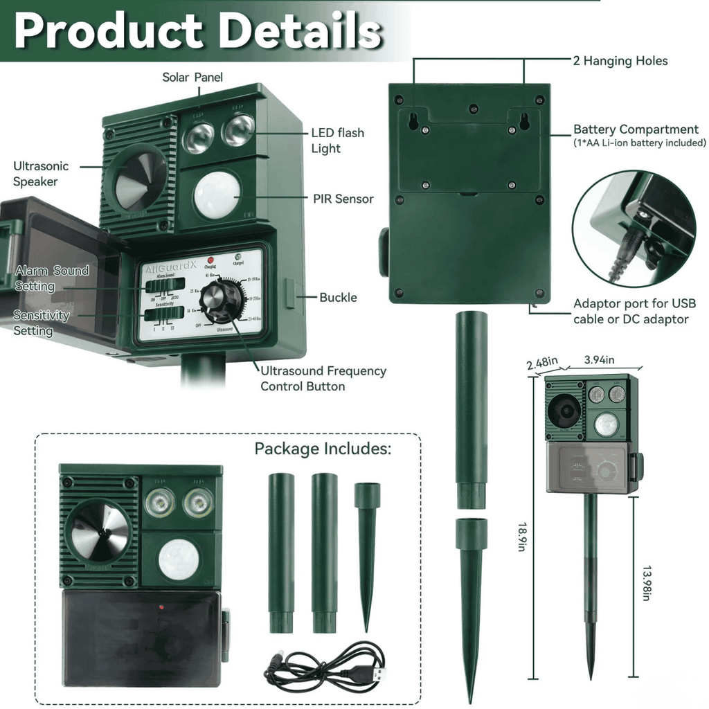 Solar Motion-Activated Animal Repellent – Adjustable Ultrasonic Deterrent for Gardens & Yards