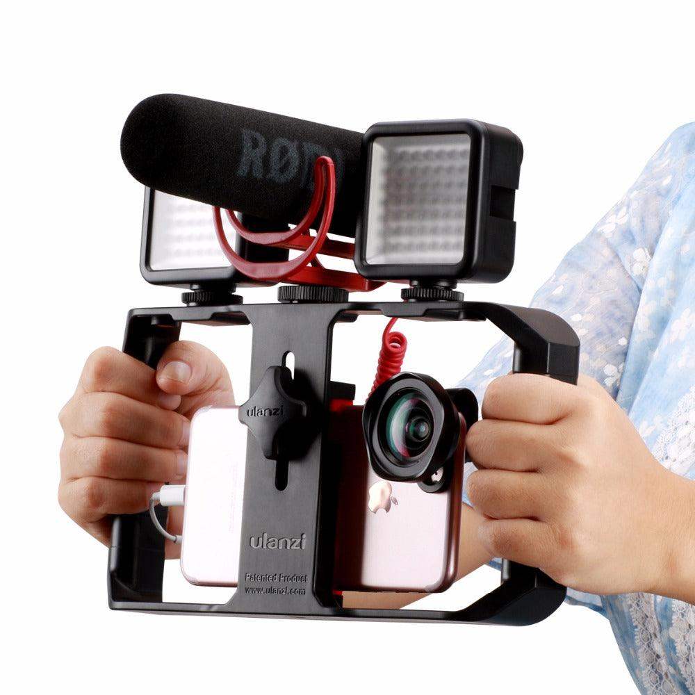 Suporte de Vídeo para Telemóvel com Luz para Filmagem em Movimento e Imagens Estáveis