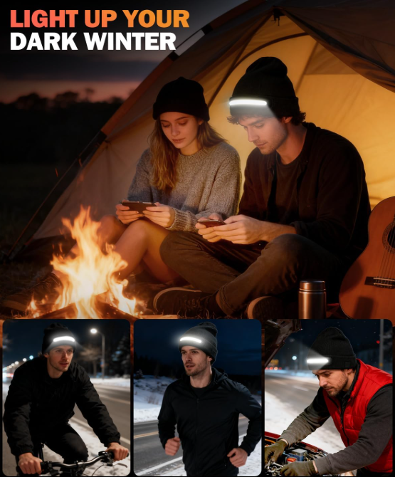 Topi beanie LED dengan lampu kepala terbina dalam dan lampu boleh dicas semula melalui USB-C