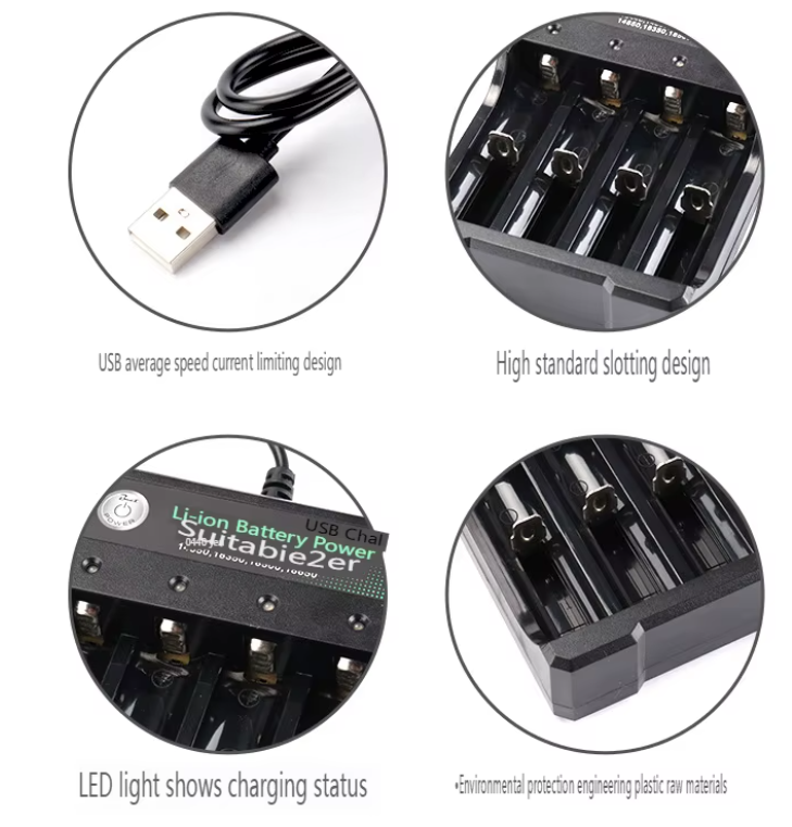 Chargeur de batterie Li-Ion 4 emplacements pour 18650 et 18500 avec arrêt automatique