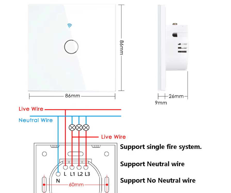 Inteligentny dotykowy włącznik światła WiFi do Alexa i Google Home, nie wymaga przewodu neutralnego