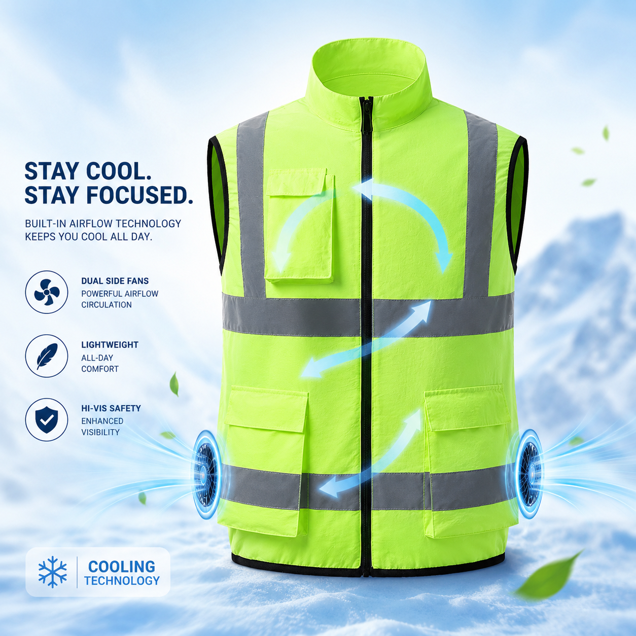 Chladicí vesta AirFlow s dobíjecím ventilátorem pro venkovní práci, stavbu a cestování