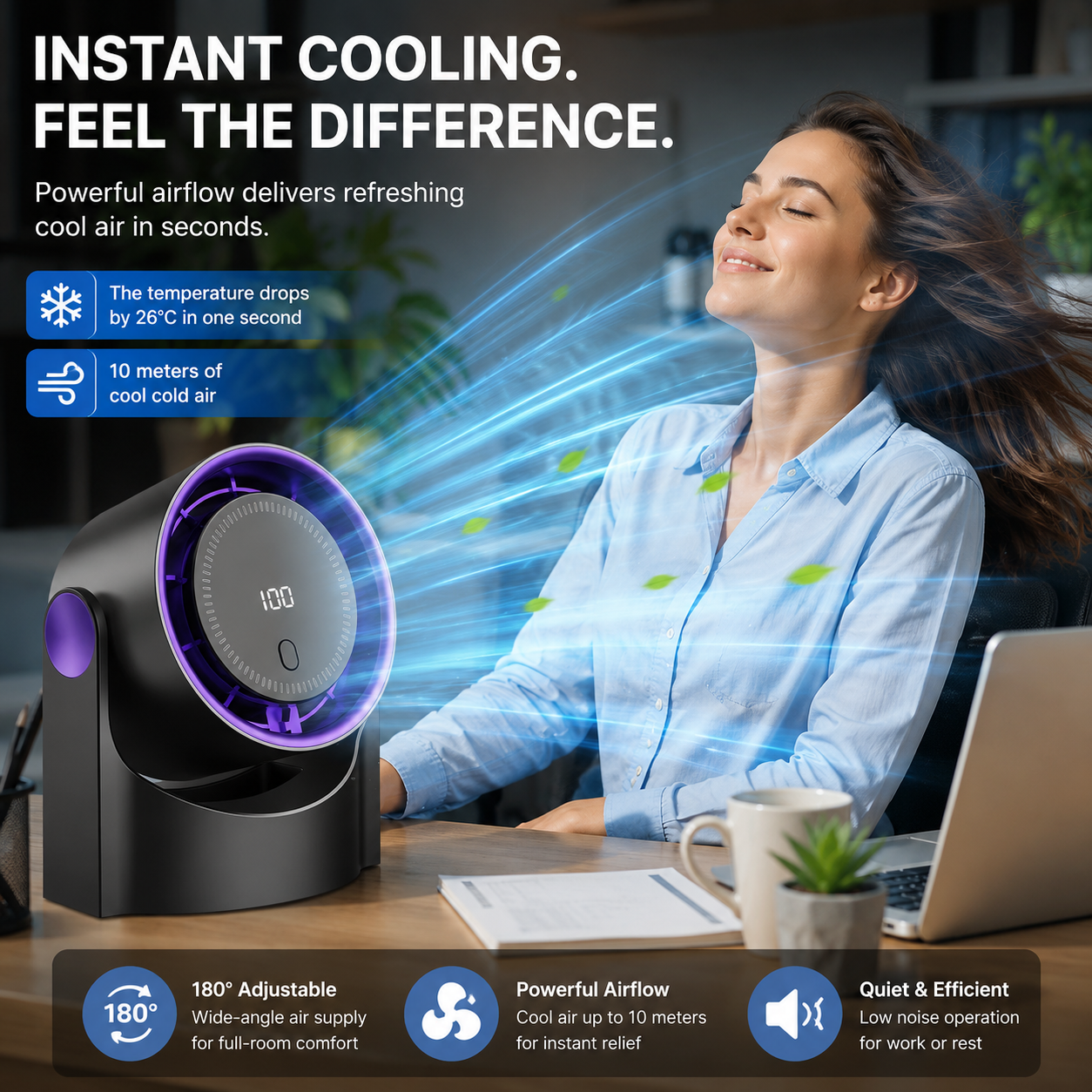 AirCirculate ポータブルワイヤレスUSBファン 家庭用・オフィス・寝室・寮の冷却用