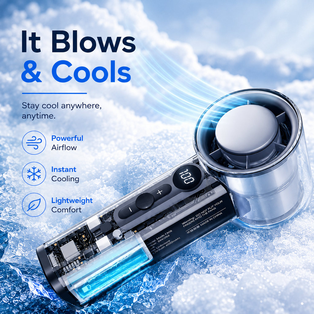 BreezeGo 3000mAh USB-C Handheld, Portable Fan for Personal Cooling on Travel and Outdoors