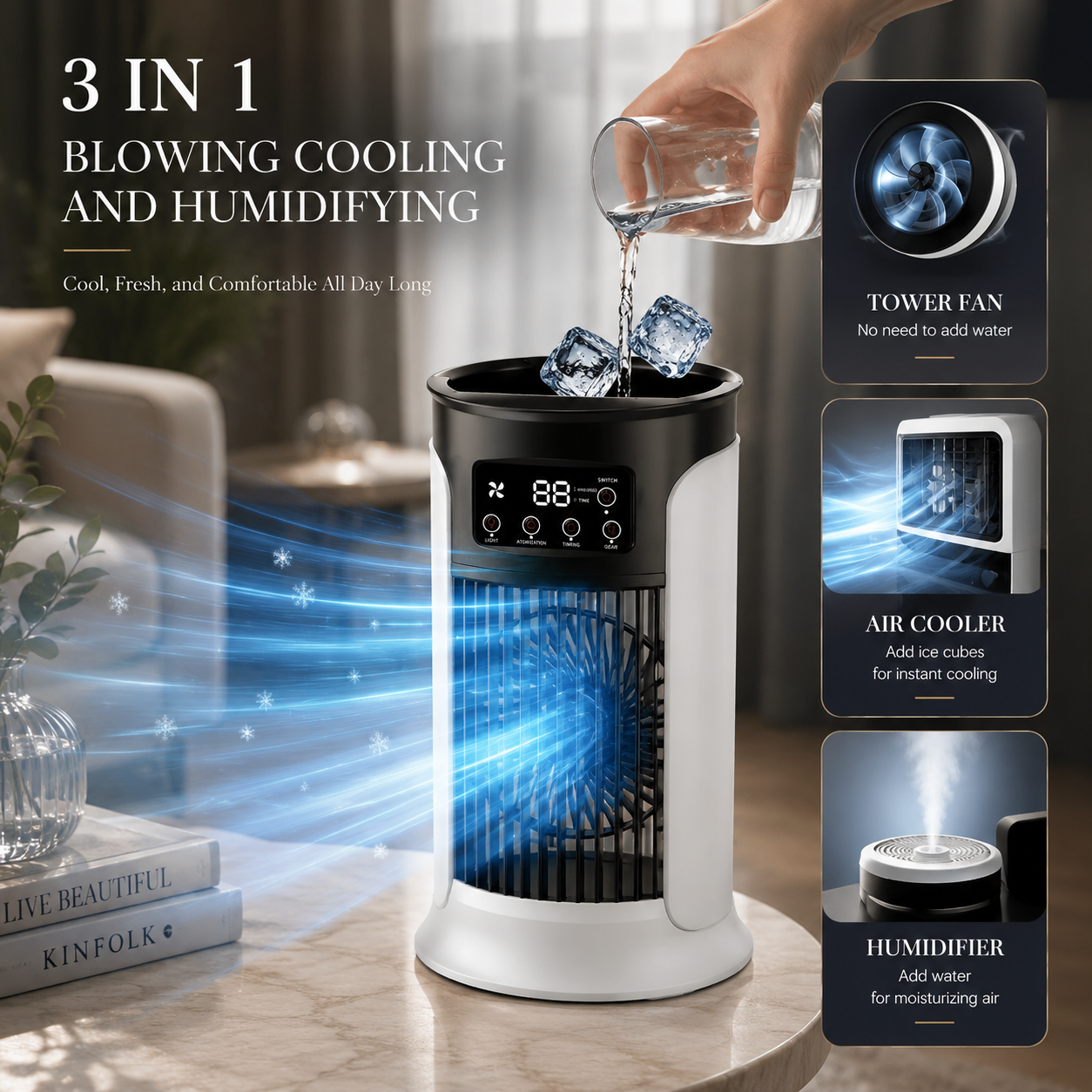 ArcticMist Přenosný 3v1 USB Chladič vzduchu, ventilátor, zvlhčovač a LED noční světlo