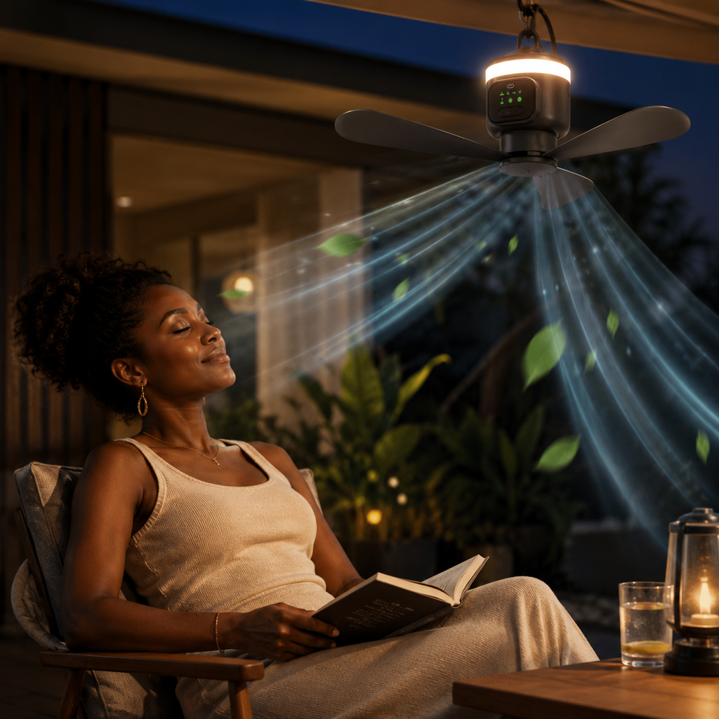 Stropní ventilátor na kempování SkyBreeze s dobíjecí baterií 12000mAh, dálkovým ovládáním a LED světlem