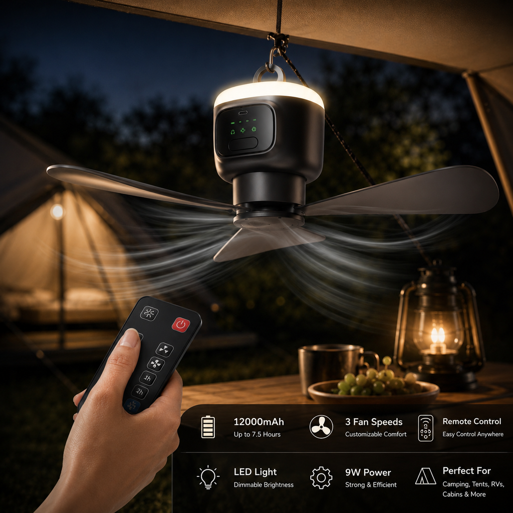 Stropní ventilátor na kempování SkyBreeze s dobíjecí baterií 12000mAh, dálkovým ovládáním a LED světlem