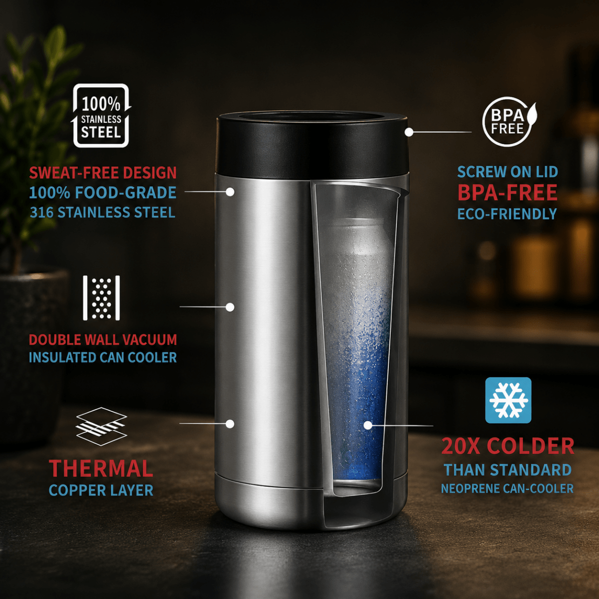 Stainless steel can holder for perfect drink cooling on the go