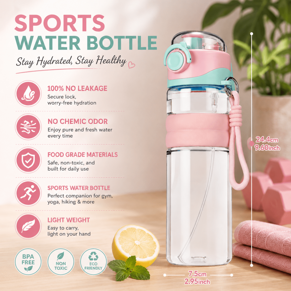 Leak-proof water bottle with mist spray for outdoor adventures
