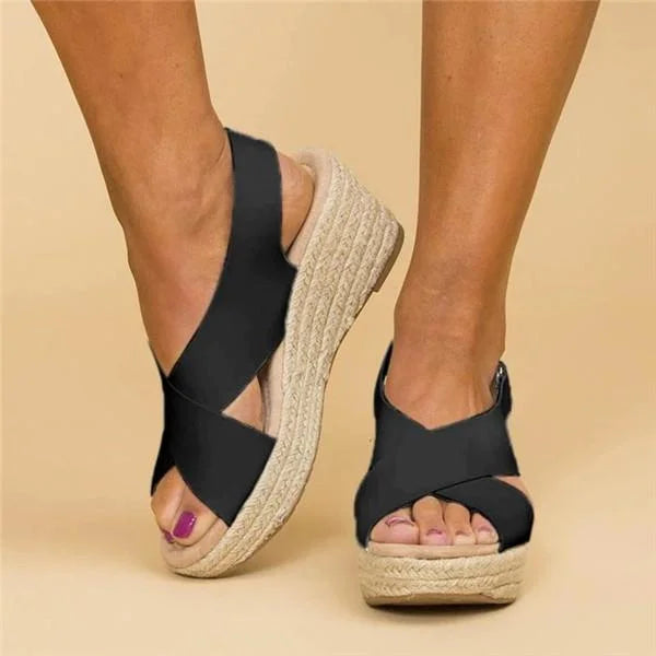 Fekete ék sarkú espadrille rugalmas pántokkal stílusos nyári szettekhez