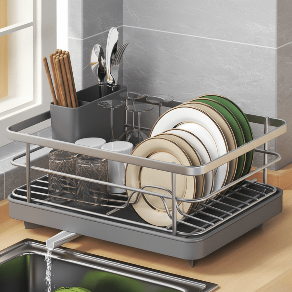 Slim Dish Rack For Small Kitchens With Drainboard And Clutterless Counters