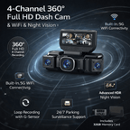 360-Grad-Dashcam mit vier Kanälen, Full HD, WLAN, Nachtsicht