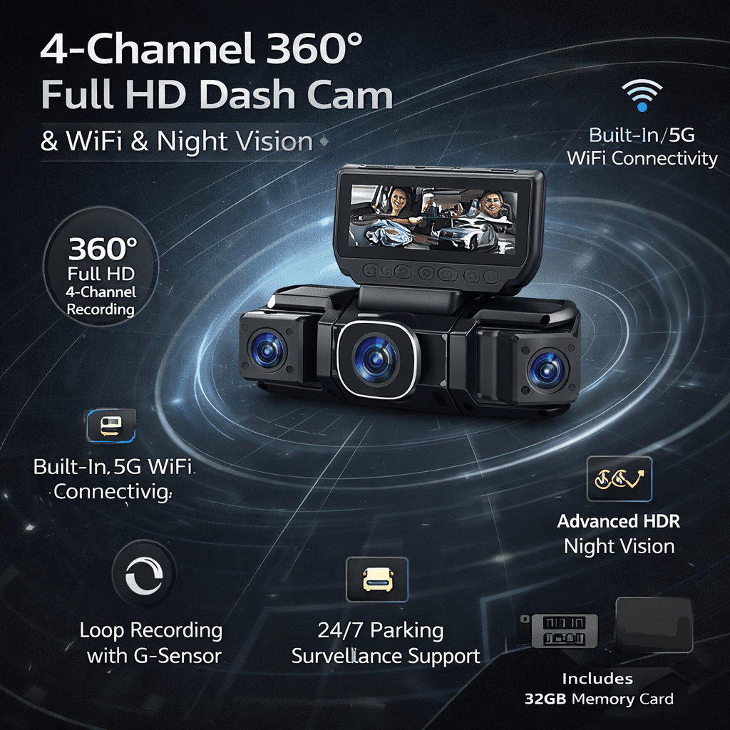 360-Grad-Dashcam mit vier Kanälen, Full HD, WLAN, Nachtsicht